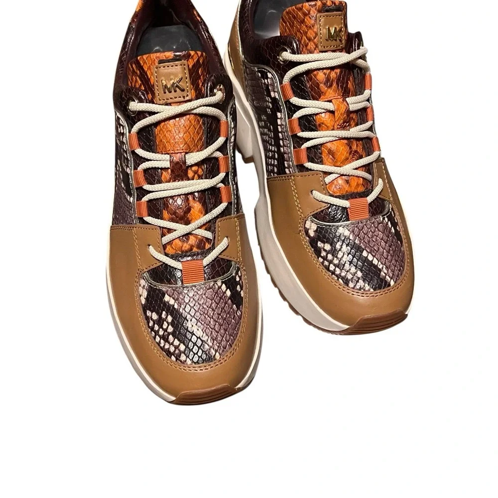 NWB Michael Kors Cosmo Woman's Sneakers Animal Snake Print Brown Gold Tan Sz‎ 9
